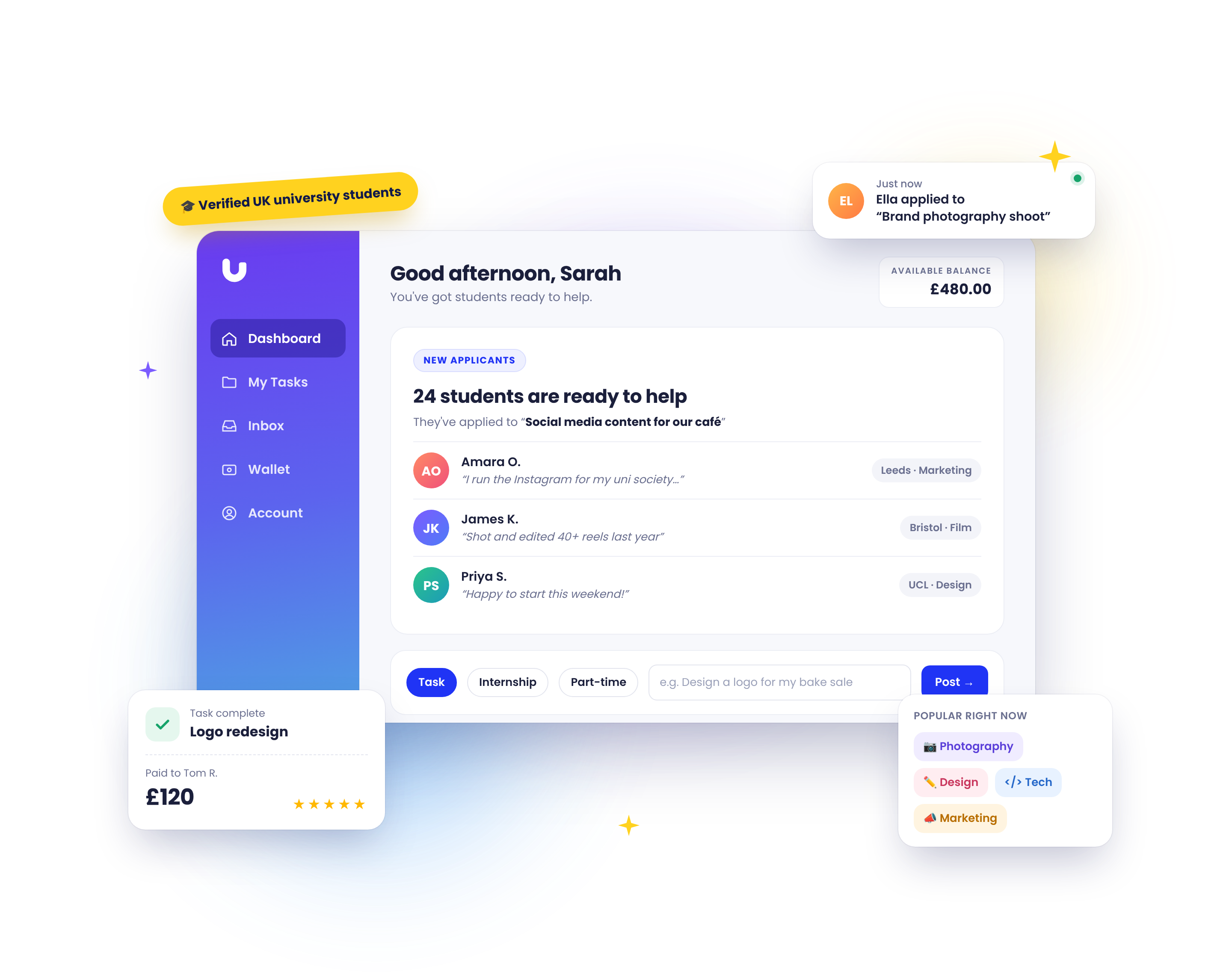 UniTaskr dashboard showing 24 university students applying to a business's task, with a completed task paid to a student